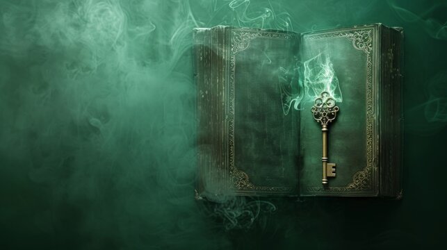 A mystical book cover with a solid dark green background, showcasing an ancient key beside an open book emitting a magical aura. The title is in an ornate, mystical font. 