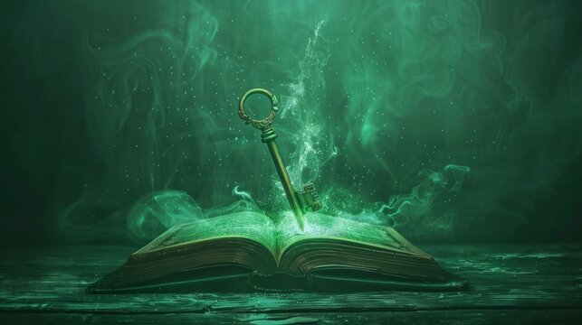 A mystical book cover with a solid dark green background, showcasing an ancient key beside an open book emitting a magical aura. The title is in an ornate, mystical font. 