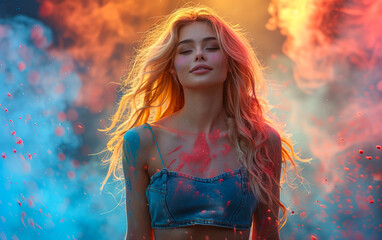 Wall Mural - A vibrant and artistic shot of a young woman dancing in a cloud of colorful chalk sprays, perfect for a music album cover or social media banner design.