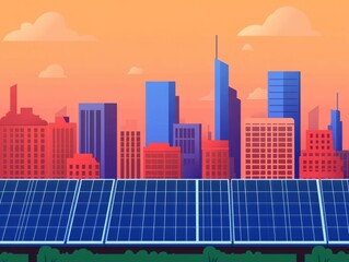 Poster - Flat design depicting sustainable solar panels installed on rooftops showcasing renewable energy technology and eco friendly solutions for modern energy efficient buildings and urban environments