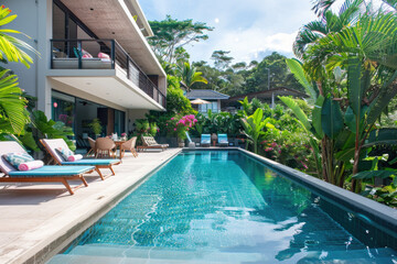 Wall Mural - A beautiful villa in Phuket with an outdoor pool and lounge chairs, surrounded by lush greenery.