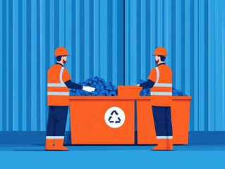 Poster - of an Environmentally Sustainable Recycling Facility with Workers Skillfully Sorting and Processing Various Materials like Cardboard Plastic Metal