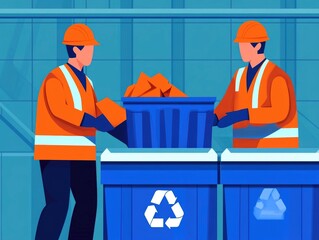 Poster - Efficient Recycling Center Workers Diligently Processing Sustainable Materials Using Modern Equipment and Machinery in a Flat Design Layout