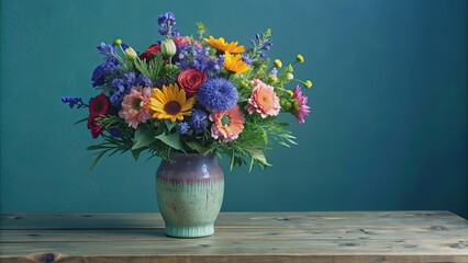 Wall Mural - Colorful bouquet of flowers in a rustic vase on a wooden table, Floral arrangement, vibrant, nature, petals, fragrance