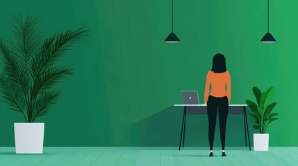 Poster - Flat design depicting green and sustainable business practices in a modern office environment focusing on eco friendly paperless