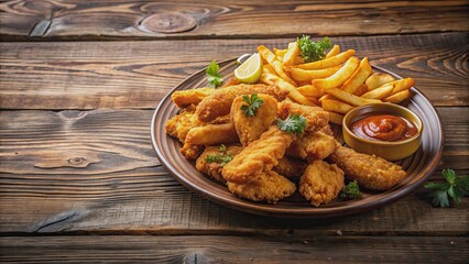 Wall Mural - Plate of crispy fried food on rustic wooden table, fried, food, plate, crispy, delicious, tasty, golden, crunchy, snack