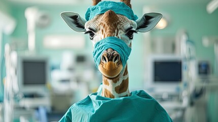 Whimsical Hospital Scene: A Giraffe in a Teal Surgical Gown and Cap - Perfect for a Fun Sports Room Poster or Quirky Medical Decor!