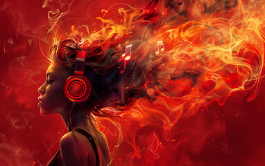 Wall Mural - A striking portrait of a young woman wearing headphones, surrounded by flames, posing thoughtfully against a red background. Ideal for a music album cover or social media screensaver.