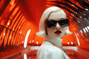 Poster - A close-up of an attractive blonde mannequin wearing sunglasses and red lipstick