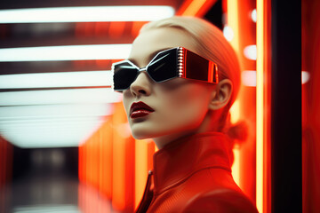 Poster - A close-up of an attractive blonde mannequin wearing sunglasses and red lipstick