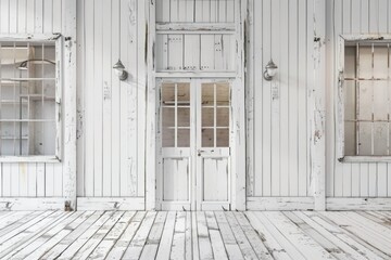 Sticker - A minimalist interior design concept featuring a white room with two windows and a wooden floor