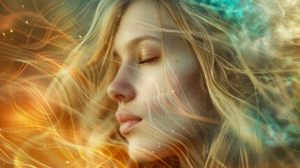 Wall Mural - A captivating portrait of a young woman with flowing hair, her head surrounded by abstract colored flames