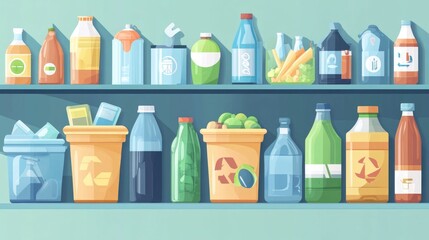 Poster - Flat design of a waste sorting and household recycling system  The image depicts various color coded bins or containers for different types of recyclable materials like paper plastic glass