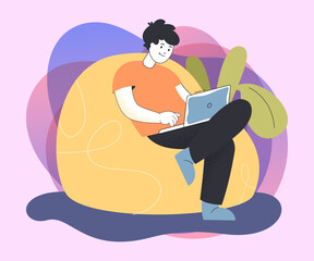 Sticker - Male employee working remotely. Man sitting in beanbag and using laptop flat vector illustration. Remote work, freelance concept