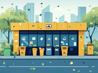 Poster - Flat Design of a Recycling Drop off Depot with Designated Collection Points and Eco Friendly Recycling Bins for Sorting and Managing Waste in a Sustainable and Green Environment
