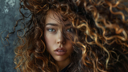 Wall Mural - A stunning close-up portrait of a young woman with thick hair, thoughtfully posing in a dramatic and artistic manner