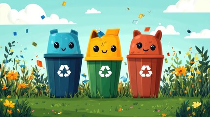Poster - Cheerful Recycling Mascot Characters Encouraging Waste Reduction Reuse and Recycling Efforts in a Flat Design Style for Environmental Conservation and Sustainability Campaigns
