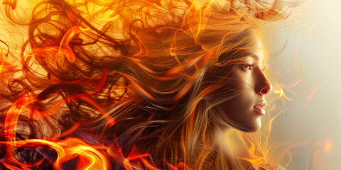 Wall Mural - A captivating portrait of a young woman with flowing hair, her head surrounded by abstract colored flames