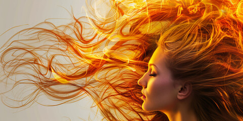 Wall Mural - A captivating portrait of a young woman with flowing hair, her head surrounded by abstract colored flames