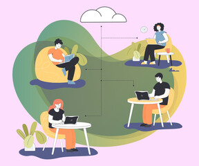 Poster - Remote work of employees team connected to global cloud system. Teamwork of tiny people using laptops at workplace and telecommuting flat vector illustration. Distant recruitment, workforce concept