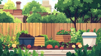 Poster - Flat design showcasing a community garden setting with composting waste management practices for sustainable and eco friendly lifestyle  Depicting the concept of urban gardening recycling