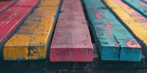 Poster - A detailed view of a vibrant wooden bench with intricate designs and patterns, perfect for use in home decor or design projects