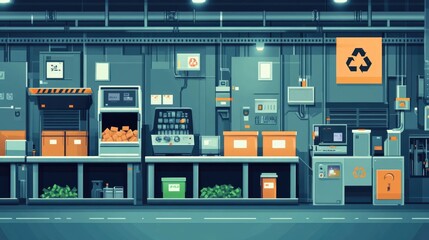 Poster - Automated recycling technology featuring flat design of advanced sorting machines and conveyor belts for optimized efficient and sustainable waste management and resource recovery