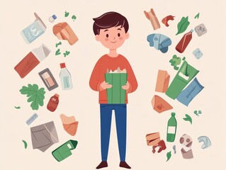 Poster - of a sustainability program with a school recycling curriculum and environmental education initiatives in a flat design style