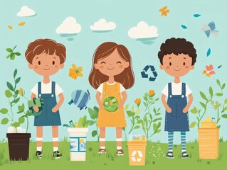 Poster - Flat design of a sustainability school recycling program curriculum  The image showcases an educational initiative focused on environmental conservation resource management