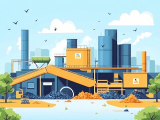 Poster - of an advanced waste processing technology with a conveyor belt system in a flat design style showcasing a modern efficient and sustainable industrial workflow