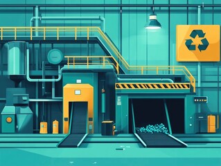 Poster - Flat design of an efficient waste processing technology featuring a conveyor belt system for industrial or factory automation and production management