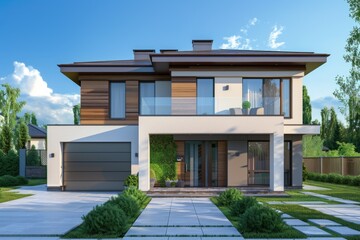 Aufkleber - A single-family residence with a spacious driveway, suitable for various uses including real estate marketing and urban planning projects