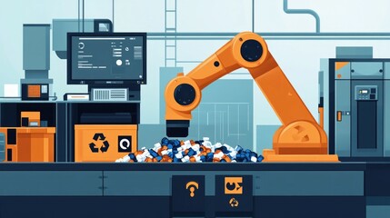 Poster - Robotic arm skillfully sorting and segregating various recyclable materials like plastic paper metal and glass in a modern automated recycling facility