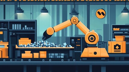 Poster - Robotic arm sorting various recyclable materials like plastic glass metal