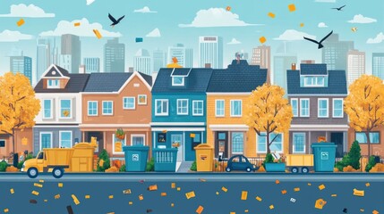 Poster - Flat design showcasing a residential recycling program that encourages community participation and environmental responsibility through waste management resource reduction