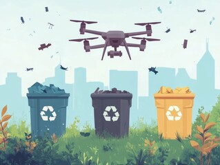 Poster - Flat design showcasing a drone based recycling initiative for efficient and sustainable waste collection in urban environments  The image depicts the automated process of waste pickup transportation