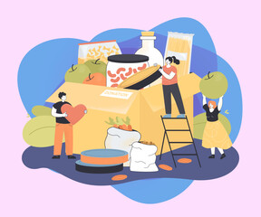 Wall Mural - Tiny volunteers sharing canned food and grocery products. Help, support and assistance from people with charity cardboard box flat vector illustration. Voluntary, delivery of humanitarian aid concept