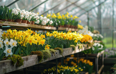 Wall Mural - A greenhouse filled with yellow and white orchids, daffodils, tulips, moss plants, and green leaves