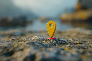 Poster - A small yellow pin sits on top of a rock, perfect for use as an icon or marker