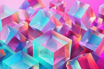 Poster - Colorful geometric shapes on a bright pink background