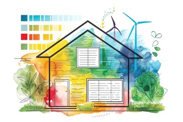 Poster - A residential house with a wind turbine installed in the background, suitable for use in environmental or renewable energy-related contexts