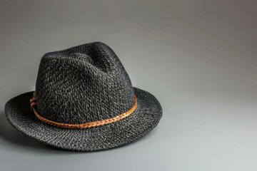 Aufkleber - A close-up of a black hat with a brown band on a gray background, perfect for fashion or lifestyle imagery