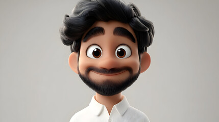 Wall Mural - A cheerful animated character with curly hair and a beard, wearing a white shirt.