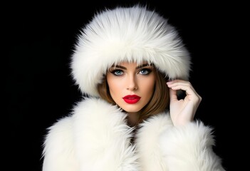 Wall Mural - Winter Glamour Elegant Woman in White Fur Coat and Hat