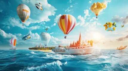 Wall Mural - Surreal Seascape with Hot Air Balloons and a Boat