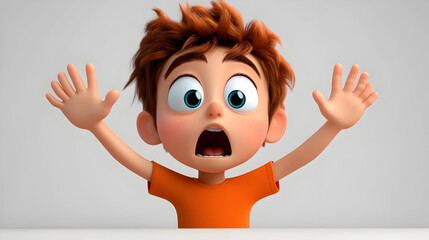 Wall Mural - A surprised cartoon boy with messy hair raises his hands in excitement or alarm.