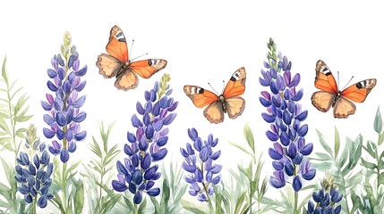 A watercolor illustration of lupines with butterflies