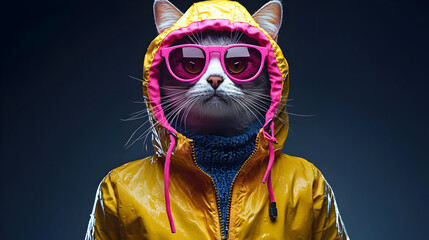 Canvas Print - A stylish cat wearing sunglasses and a yellow raincoat against a dark background.