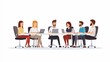 © yj - people on a meeting, they are sitting behind the round table, talking with each other, there are computers in front of them. vector illustration, simple flat.
