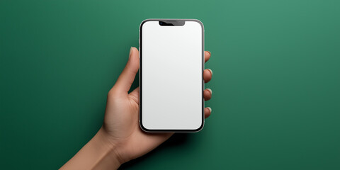 Poster - Woman holding smartphone with blank screen on green background